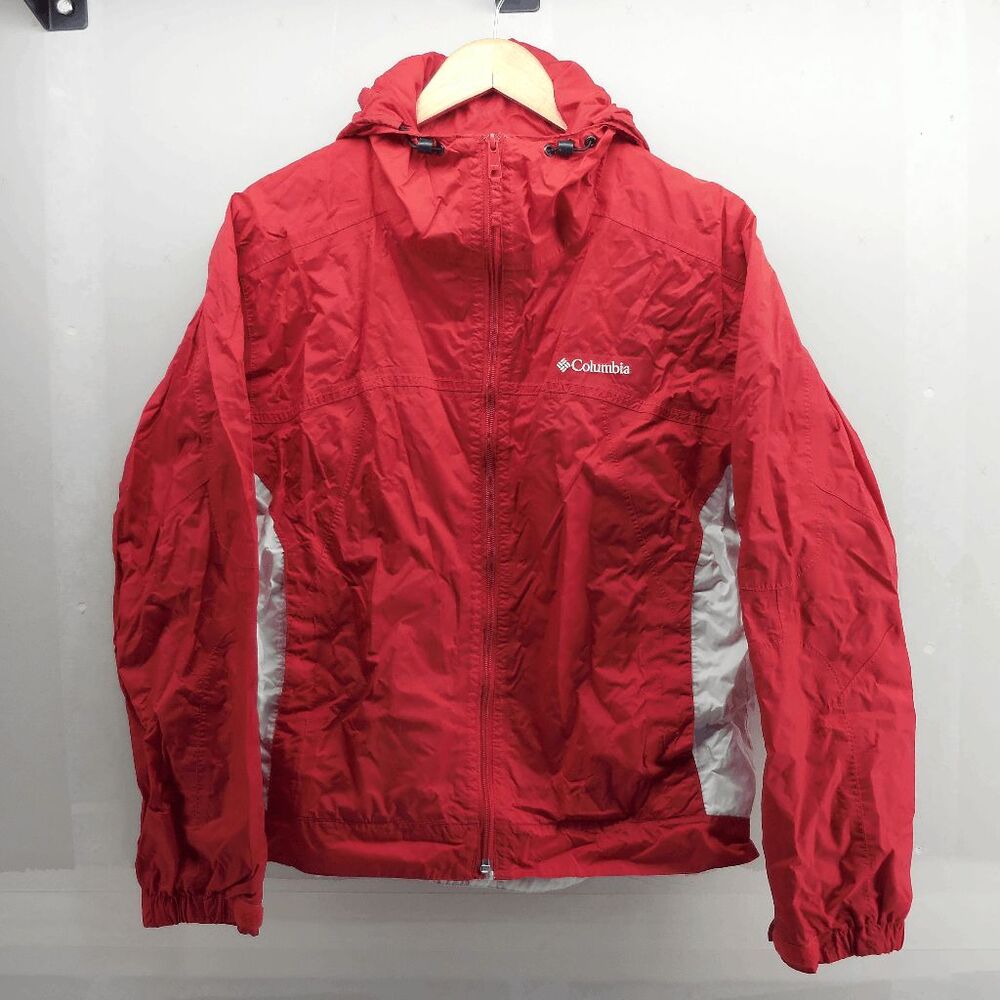 Columbia Womens Nylon Waterproof Rain Jacket Gorpcore Hiking Red White Size L